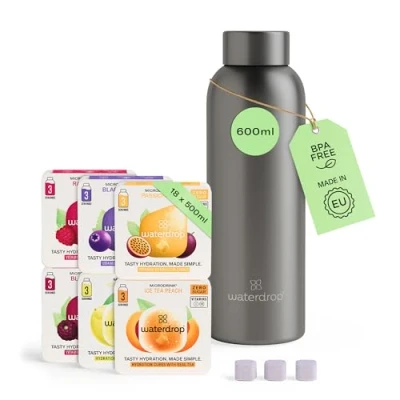 Afbeelding van waterdrop® Starterset Metalen Charcoal 1 Thermosfles 600 ml + 18 Microdrink bruistabletten