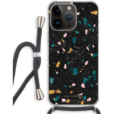 Afbeelding van Case Company® hoesje met Koord geschikt voor iPhone 14 Pro Max Terrazzo N10 Telefoonhoesje Zwart Extra Bescherming aan alle Kanten en Over de Schermrand