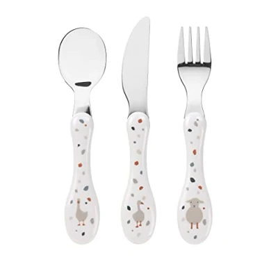 Image de LÄSSIG Lot de 3 couverts pour enfant Cuillère fourchette couteau en acier inoxydable Manche plastique pièces Tiny Farmer Sheep/Goose