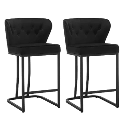 Afbeelding van WOLTU Set van 2 barkrukken met rugleuning, eetkamerstoel voetensteun, ergonomische stoel voor keuken, slaapkamer, woonkamer, fluwelen en metalen poten, zwart, BH383sz