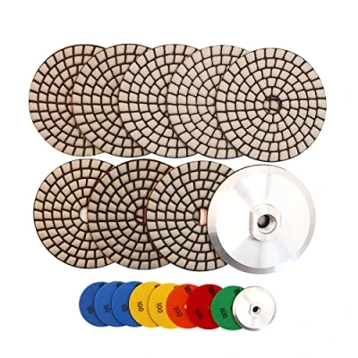 Afbeelding van HIGHDRIL Diamantpolijstschijf, 8 stuks (#50 x 3/#100 2/#200/#400/#800), 100 mm, met aluminium houder voor graniet, steen, marmer, polijstset boormachine, polijstmachine