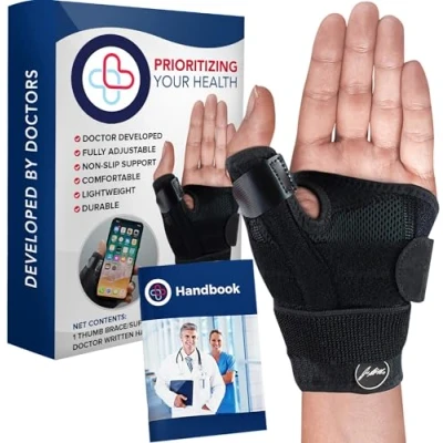Afbeelding van Duimbeschermer met vingerspalk, ontwikkeld door artsen, armband voor peesontsteking, duim, verstelbaar in elke maat mannen en vrouwen, rechter linkerhand, inclusief handboek