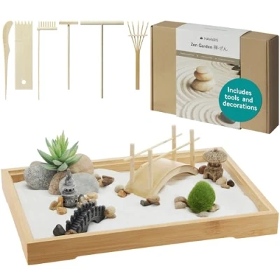 Afbeelding van Navaris mini Japanse zen tuin met stapelbare stenen Compleet accessoires en harken set Verminder stress Rechthoekig roze zand