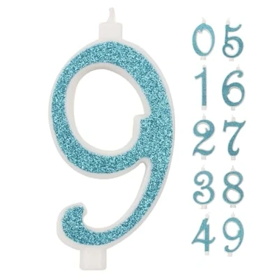 Afbeelding van IDEGOS Grote kaars, 10 cm, verjaardagskaars nummer 9, 3D blauw, glitter, decoratie voor verjaardagstaart, kaarsen bruidstaart (blauw, 9)
