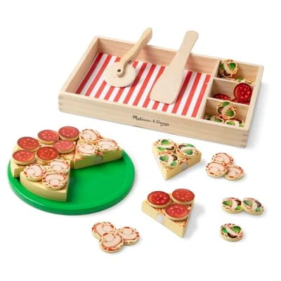 Afbeelding van Melissa &amp; Doug Pizzafeestje houten speelgoedeten (speelgoed pizzaset, klittenband, meer dan 54 speelstukjes, geweldig cadeau voor meisjes en jongens ideaal kinderen van 3, 4 5 jaar)