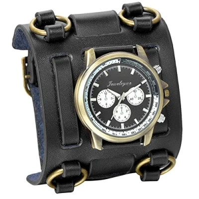 Afbeelding van JewelryWe Polshorloge man jongen wijzerplaat zwart/bruin bruin band leer breed multi stijlen, E, Sieraden