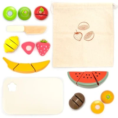 Afbeelding van UMU® Houten fruitsnijset voor kinderen, keukenspeelgoed met snijvoedsel en keukenaccessoires kinderen (houten mes, snijplank, fruitzak), speelgoed van