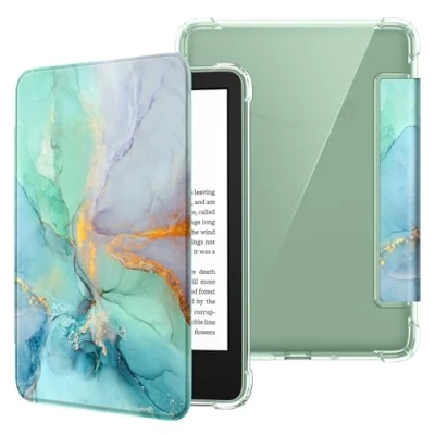 Afbeelding van Fintie Étui pour Kindle 6&quot; (11e génération) 2024/2022, étui de protection en TPU souple transparent avec mise veille/réveil automatique Basic 2024 6 pouces, émeraude marbre