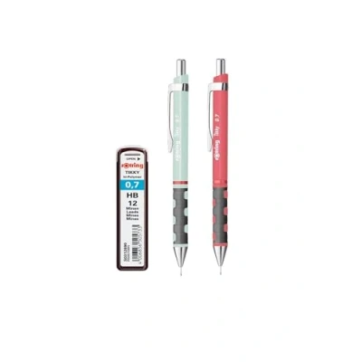 Afbeelding van rOtring Tikky Pastel vulpotlood met vullingen hoog polymeergehalte HB 0,7 mm blauw opaal roze thee 2 stuks