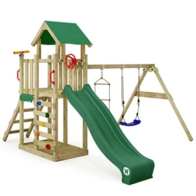 Afbeelding van WICKEY speeltoestel klimtoestel MultiFlyer Light met schommel en groen glijbaan, outdoor kinderspeeltoestel zandbak, ladder &amp; speelaccessoires voor de tuin