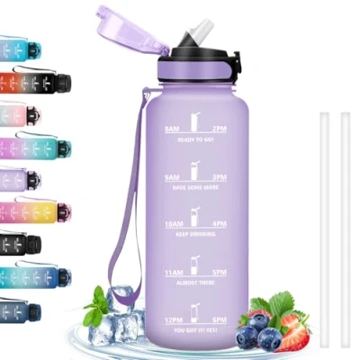 Image de bouteille d&#039;eau 1,5 litre sans fuite, avec paille, de randonnée, facile à transporter, horaires pour boire, sport, gym, camping, yoga, violet