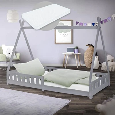 Afbeelding van Kinderbed met uitvalbeveiliging en lattenbodem 90x200 cm Lichtgrijs grenen hout ML Design