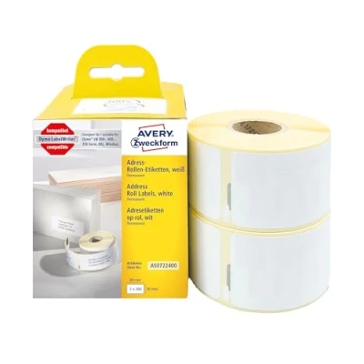Afbeelding van Avery Zweckform Rol met etiketten Compatibel vervangt DYMO, Seiko 99012, S0722400 89 x 36 mm Papier Wit 520 stuk(s) Permanent hechtend Adresetiketten AS0722400