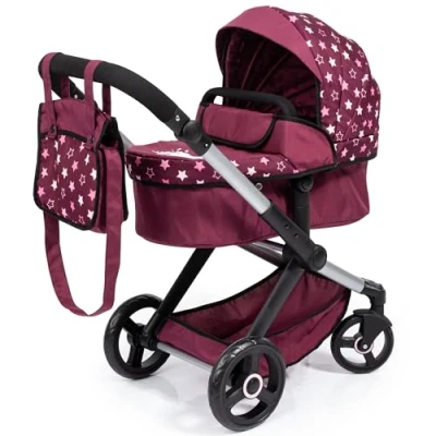 Afbeelding van Bayer Design 17023AA Combi Poppenwagen Xeo, tas, bordeaux, roze, sterren