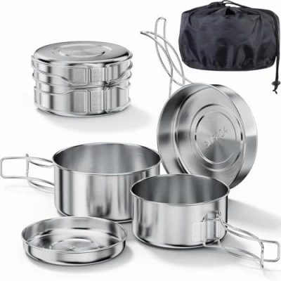 Afbeelding van Bestargot Kampeerpannen van roestvrij staal, 4 delig, campingpot, staal 304, keukengerei en campingpan, bak voor kamperen, wandelen, bivak
