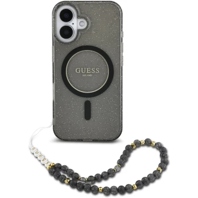 Afbeelding van Guess Hoesje Geschikt voor iPhone 16 Pro Max Met Koord MagSafe IML Case with beads strap zwart