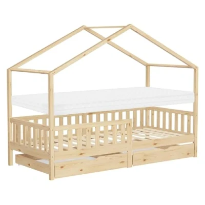 Afbeelding van ML Design lit pour enfant, 90 x 200 cm, naturel, avec matelas, 2 tiroirs, protection anti chute et sommier à lattes, de jeu en bois pin, cadre Montessori enfants, sol, maison