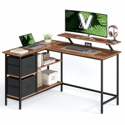 Afbeelding van VASAGLE L vormig bureau met 2 ruime laden, gamingbureau monitorstandaard, hoekbureau, computerbureau verstelbare plank, voor kantoor, rustiek bruin LWD098B01