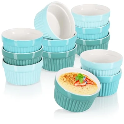 Afbeelding van COM FOUR® 12x soufflé vormen, keramische kommen, crème brulee, ovenvaste dessertkom en bakvormen voor bijv. Stoofpotvin, in verschillende tinten groen