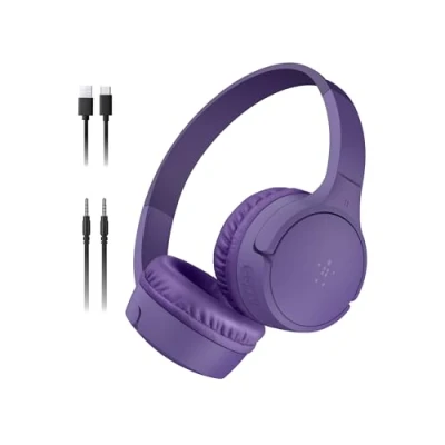 Afbeelding van Belkin SoundForm Draadloze mini hoofdtelefoon voor kinderen met geïntegreerde microfoon (over het oor, 30 uur looptijd, leren, reizen, grappige stickers, iPhone, iPad, Galaxy, paars)