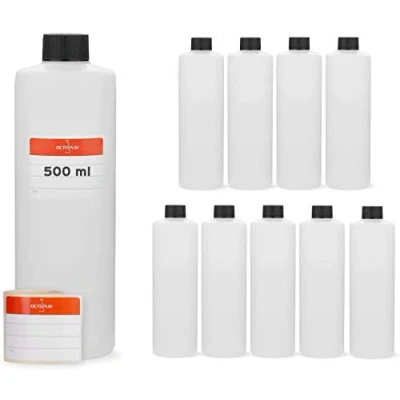 Afbeelding van Octopus 10 x kunststof flessen, 500 ml, flessen van HDPE, ronde met schroefdoppen of zwarte deksels, lege 25 mm schroefdraad, inclusief etiketten