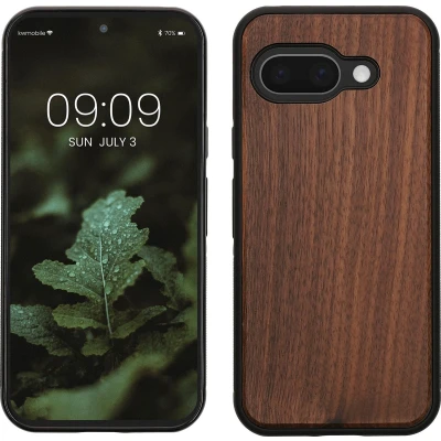 Afbeelding van kwmobile telefoonhoesje geschikt voor Google Pixel 9a Hoesje met bumper in donkerbruin Backcover walnoothout