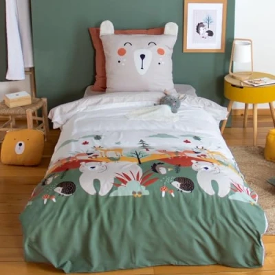 Afbeelding van Bedrukt beddengoed 140 x 200 cm voor kinderen Dekbedovertrek + 1 kussensloop 63 groen en beige bosdieren motief met knuffelzak microvezel dekbedovertreksets