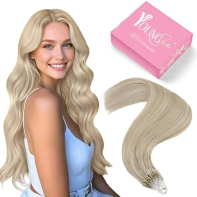 Afbeelding van YoungSee Haarverlenging, micro ring, blond, 60 cm, extensions, koud asblond met highlight, 50 strengen/50 g, ring voor lang haar