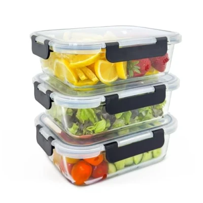 Afbeelding van Eaze Life Meal Prep Set van 3 glazen voorraaddozen met deksel, vaatwasmachinebestendig, hittebestendig, 1040 ml