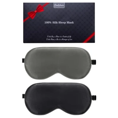 Afbeelding van BeeVines Slaapmasker, 2 verpakkingen 100% pure natuurlijke zijde om te slapen, oogmasker met verstelbare riem, hoofdband slapen (04 zwart en grijs)