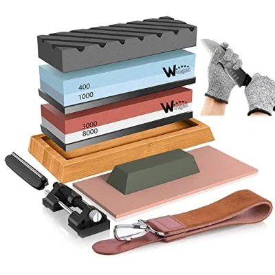 Afbeelding van Slijpsteen Professionele messenslijper set 400/1000 3000/8000 met bamboe basis antislip platte steen hoekgeleiding lederen band en snijbestendige handschoenen