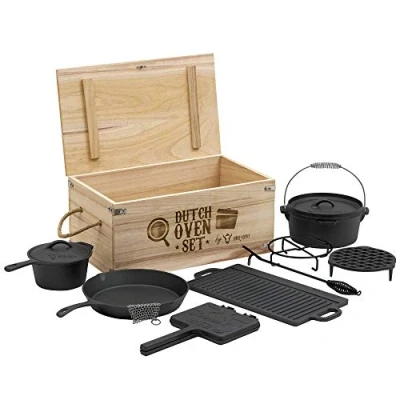 Afbeelding van BBQ Toro Dutch oven set in houten kist met en meer gietijzer al gebrand (10 delig)
