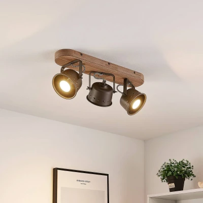 Afbeelding van Lindby halogeen spot 3lichts metaal, hout H: 17.5 cm GU10 bruin, zwart