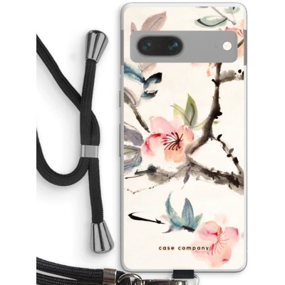 Afbeelding van Case Company® hoesje met Koord geschikt voor Google Pixel 7 Japanse bloemen Telefoonhoesje Zwart Bescherming aan alle Kanten en Over de Schermrand