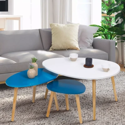 Afbeelding van Lot de 3 tables basses gigognes GAIA laquées blanc bleu scandinave