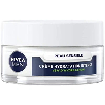Image de NIVEA MEN crème hydratation intense peau sensible (1 x 50 ml), hydratante pour les hommes à la et irritée, soin visage homme 0% alcool