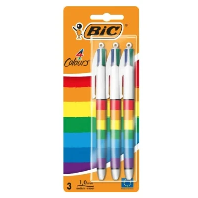 Afbeelding van BIC 4 Kleuren intrekbare balpennen Regenboog designs verpakking van 3 Stuks Medium Punt 1 mm