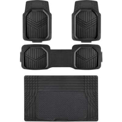 Afbeelding van Amazon Basics 4 stuks zwarte universele vloermatten van kunstrubber, pvc, met kofferbakmat, bescherming voor alle seizoenen, waterdichte bekleding auto, SUV, sedan, vrachtwagen