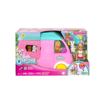 Afbeelding van Babypop barbie Chelsea motorhome car box