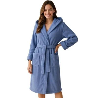 Afbeelding van Morgenstern Badjas voor dames van 100% katoen met capuchon, lang, Öko Tex gecertificeerd, Denim Blauw