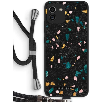 Afbeelding van Case Company® hoesje met Koord geschikt voor Samsung Galaxy A03 Terrazzo N10 Telefoonhoesje Zwart Bescherming aan alle Kanten en Over de Schermrand