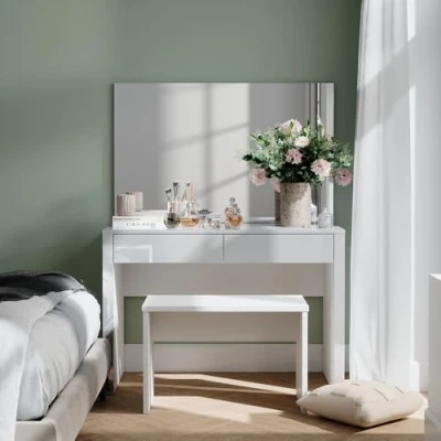 Afbeelding van Vicco AnnabelleKaptafel 110 cm met spiegel en bank Wit hoogglans/wit