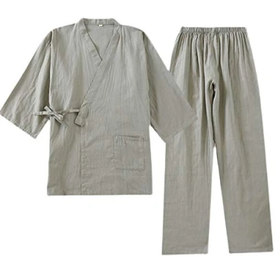 Afbeelding van Mannen Japanse Kimono Katoen Hanfu Oude Pyjama Pak Plus Size Taoïstische Kleding Zen Kleding, Kleur: zwart., L