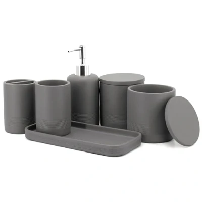 Afbeelding van zccz 6 delige grijze badkameraccessoireset Badkamerorganizer met tandenborstelhouder, lotionzeepdispenser, kaptafeldienblad en 2 Qtip houders Decoratie