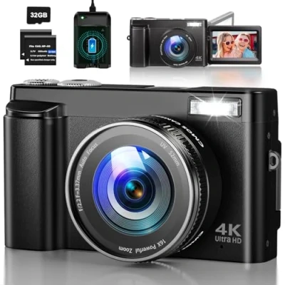 Afbeelding van digitale camera, 48 MP, 4K, compact, oplaadbaar, vlogging camera met 180 opklapbaar display, 32 GB kaart, autofocus, 16x zoom, voor tieners/beginners/volwassenen, zwart