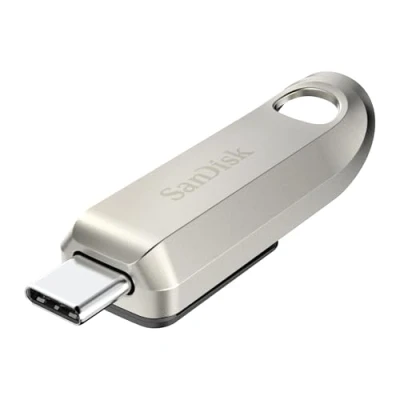 Afbeelding van SanDisk Ultra luxe USB stick type C 1 TB, met snelle prestaties, tot 400 MB/s leessnelheid, 3.2 Gen 1, intrekbare connector, metalen design, sleutelhanger, zilver