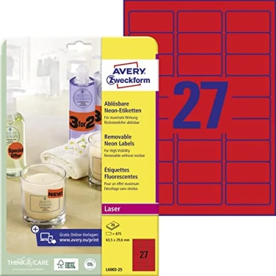 Afbeelding van Etiket Avery L6003 25 63.5x29.6 neon rood 675stuks