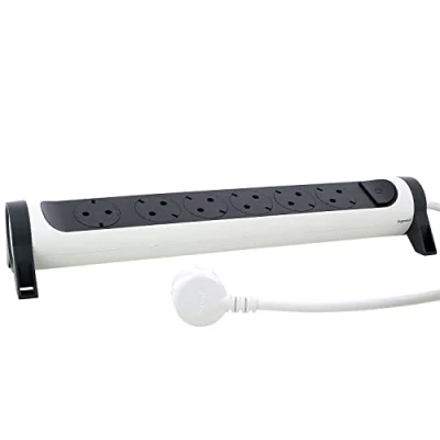 Afbeelding van Legrand, Draaibare stekkerdoos, 6 voudig, wand of tafelmontage, led aan/uit schakelaar, 1,5 m kabel, wit en donkergrijs, 694533