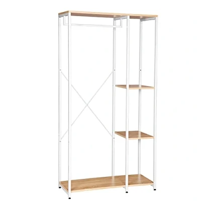 Afbeelding van WOLTU kledingrek met plank van spaanplaat en metaal, 90 x 40 167 cm, wit + licht eiken SR0047whe