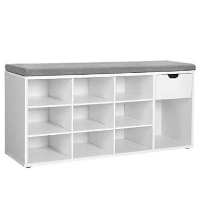 Afbeelding van VASAGLE LHS24WT Schoenbank, opbergbank, met lade en open vakken, schoenenrek, gevoerde zitting, voor hal, ingang, slaapkamer, 104 x 30 48 cm, wit